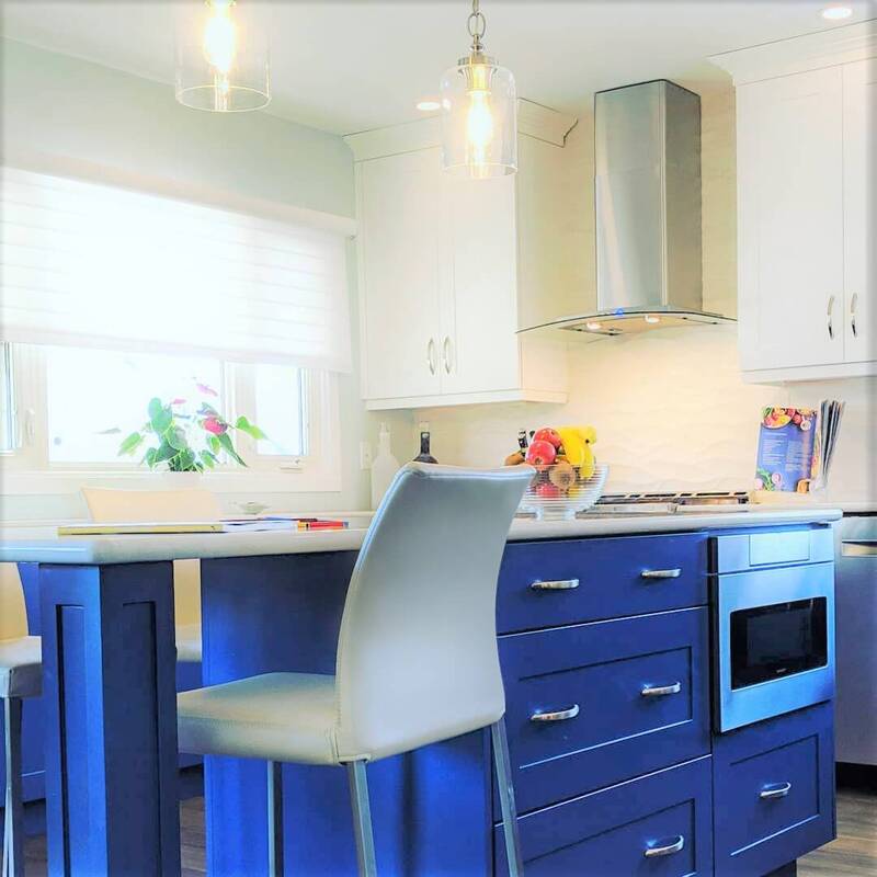 Wood Cabinets with Custom Blue Non-Toxic Painted Finish